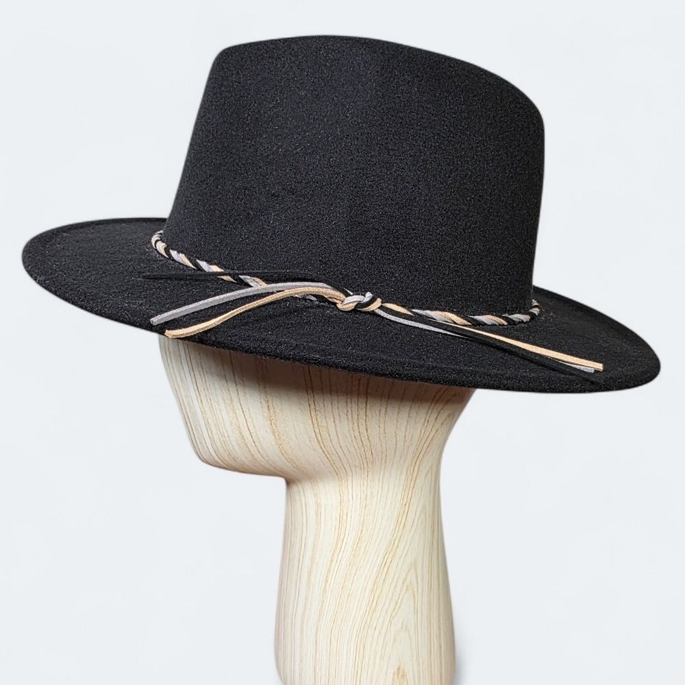 Black Wide-Brim Fedora Hat Womens One Size Braided Accent Rancher